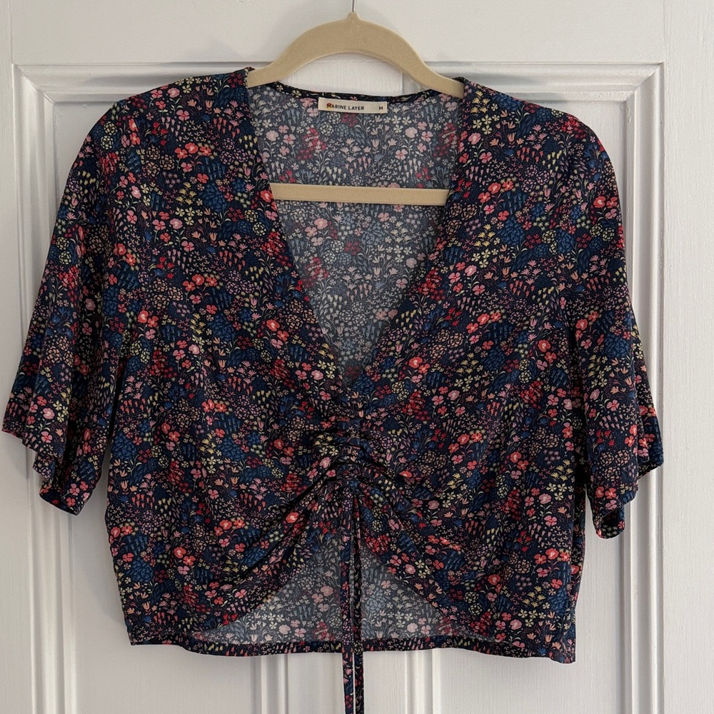 Marine Layer Navy Floral Tie-Front Crop Top